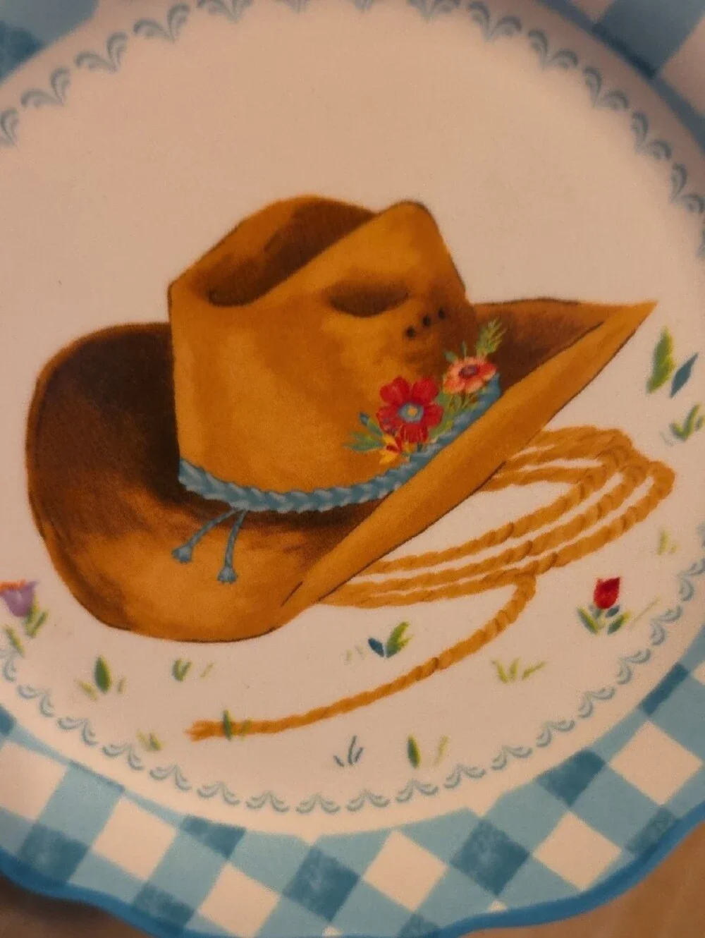 The Pioneer Woman Blue Check Cowboy Hat Decorative Party Plate NWT